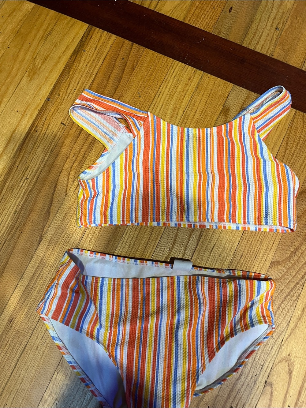 Striped Orange & Multicolor Two-Piece Bikini Top and Bottom